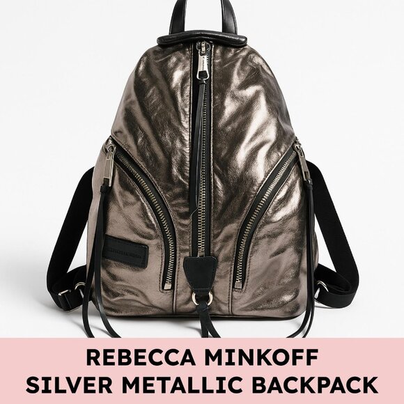 Rebecca Minkoff Julian Backpack Metallic Foil Leather Gunmetal Silver Metallic-c - Picture 1 of 14